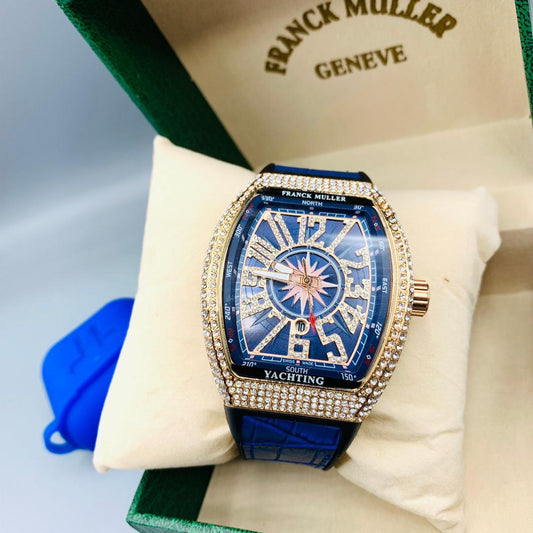 Franck Muller Vanguard Yachting Rose Gold – Diamond-Set Case with Blue Leather Strap