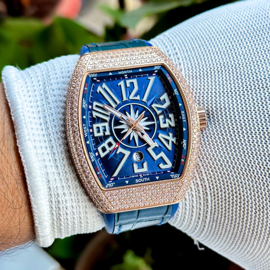 Franck Muller Vanguard Yachting Rose Gold – Diamond-Set Case with Blue Leather Strap